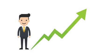 Happy businessman and upward trending green arrow.