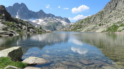 Calm mountain lake reflecting sky and peaks.