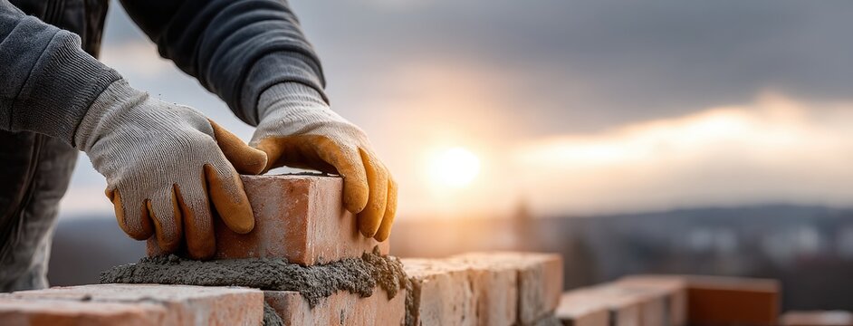 Construction worker lays bricks at sunset in a building project showcasing skill and dedication to craftsmanship