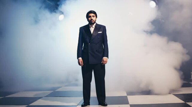 A moody, film noir inspired stage setup, a single actor stands spotlight, checkerboard floor, catching stray light beams, creating deep shadows high contrast ambiance tense and cinematic