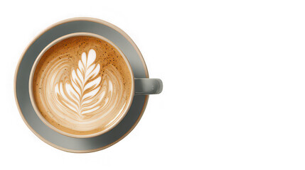 A cup of coffee with latte art in a gray mug sitting on a matching saucer against a black background