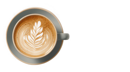 A cup of coffee with latte art in a gray mug sitting on a matching saucer against a black background