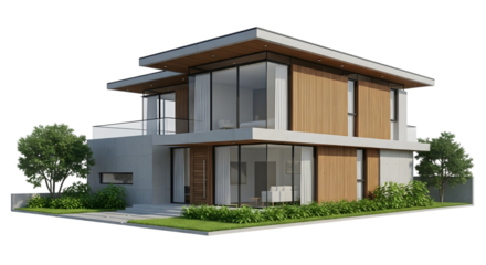 Contemporary twostory house with a flat roof and a combination of wood and concrete isolated on transparent background