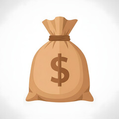 A brown money bag with a dollar sign on the front, tied with a rope.