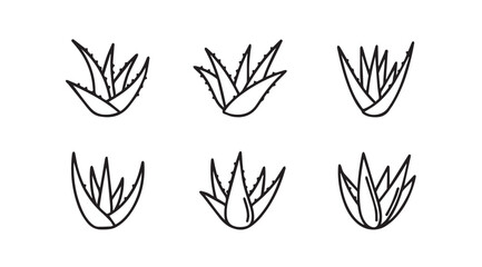 Six simple hand drawn aloe vera plant silhouettes in a grid layout