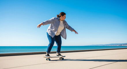 Overweight woman skateboarding by the ocean