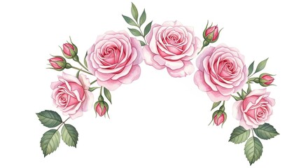 Delicate watercolor arch of pink roses and green leaves on a white background