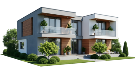 Modern twostory duplex house with a flat roof and a combination of wood and concrete isolated on transparent background