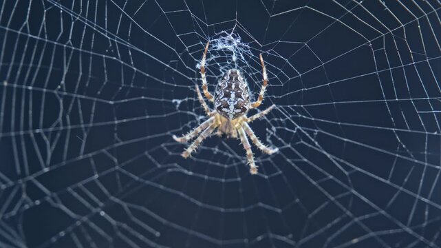 European Garden Spider Cross Orbweaver Araneus Diadematus Sitting in Center of Spiderweb Waiting for Prey Insect
