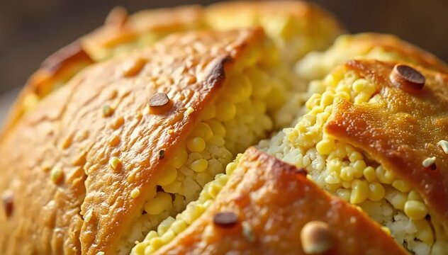 Close up of broa de milho showing crumbly texture with visible cornmeal grains and crust cracks 