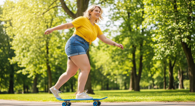 Joyful plus size woman skateboarding in park