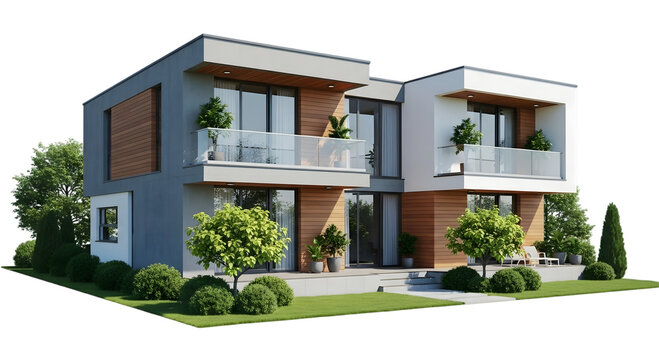 Modern twostory duplex house with a flat roof and a combination of wood and concrete isolated on transparent background