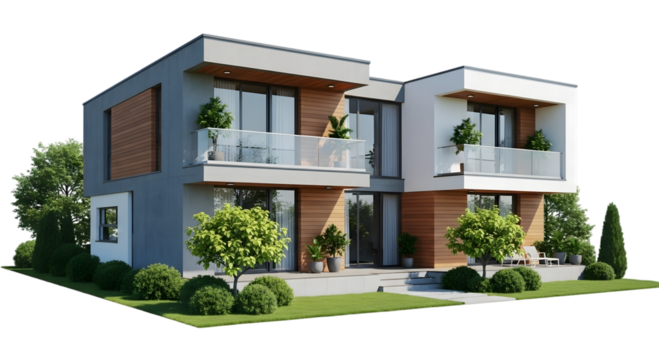 Modern twostory duplex house with a flat roof and a combination of wood and concrete isolated on transparent background