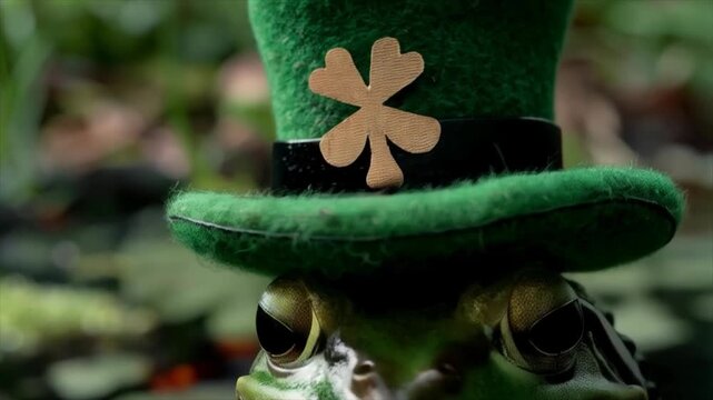 A frog in the forest wearing a green top hat decorated with clover looks funny and unusual. Suitable for creative projects, children's books, postcard design, or holiday decorations.

