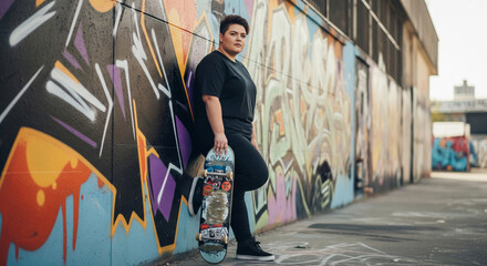 Fat skater woman posing with skateboard in graffiti alley