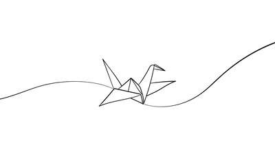 Continuous one line drawing of origami crane. Japanese hobby. Vector illustration