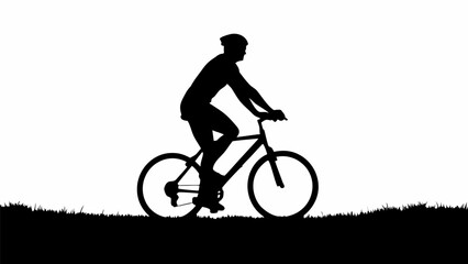 Fototapeta premium Silhouette of a cyclist riding a bicycle on a grassy field against a white background in a simple design
