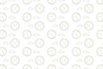 A repeating pattern of simple clock illustrations and cloud shapes on a white background surface design