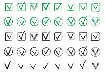 Green and Black Check Mark Icons, Icons Collection, Green and Black, Symbol, Isolated, Icons Drawn with Different Brushes, Set, Yes, Vector