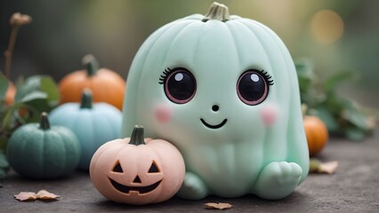 Colorful ghost-shaped decoration with cute features and a small carved pumpkin surrounded by assorted pumpkins outdoors during autumn festivities Generative AI