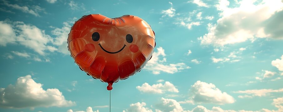 A shiny red heart shaped balloon with a happy smiley face floats cheerfully in a bright blue sky filled with fluffy white clouds