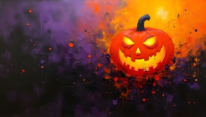 Vibrant Halloween pumpkin with glowing eyes and jagged smile set against a colorful purple and orange backdrop showcasing festive autumn spirit Generative AI