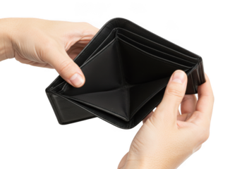 Empty wallet held open showing no money finance concept transparent background