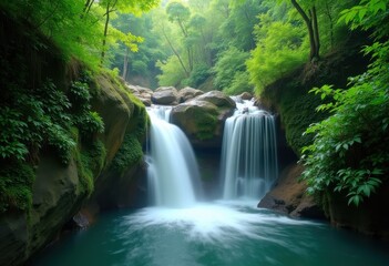 Fototapeta premium Serene Cascading Waterfall Surrounded by Lush Greenery Calm Reflection Nature Escape Tranquility and Beauty