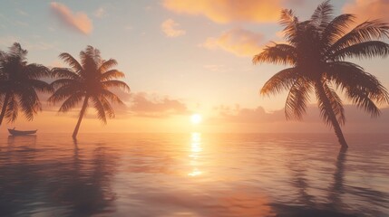 Calm sunset ocean scene with palm trees and a small boat.