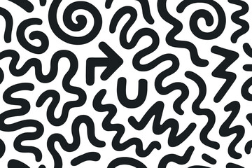 Black and white abstract pattern featuring swirls and zigzags on a simple background showcasing dynamic shapes
