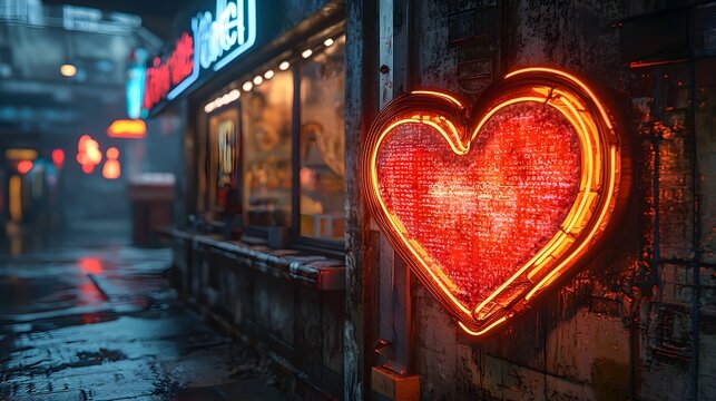 A glowing red neon heart sign illuminates a dark wet urban alleyway at night evoking a retro futuristic atmosphere - Powered by Adobe