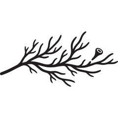 Abstract black line art of a branch with small buds, isolated on white background