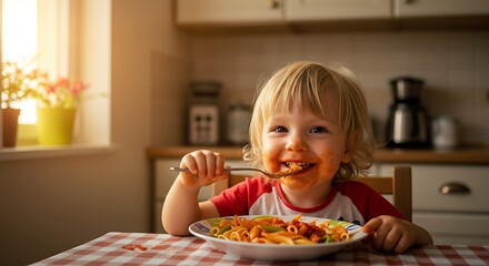Happy Toddler Enjoying Messy Pasta Meal