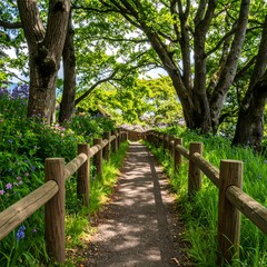 Sun-drenched path through a lush garden, lined with trees and a wooden fence