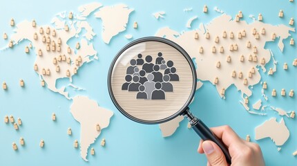 Global population analysis with magnifying glass on world map for demographic research and statistics