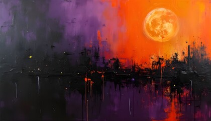 Colorful abstract landscape with a large moon and vibrant sunset hues illuminating a dark night sky Generative AI