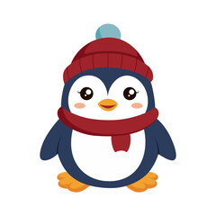 Cute winter penguin in a red hat and scarf - vector illustration for children's holidays, Christmas and New Year designs