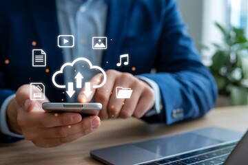 Businessman using smartphone with cloud computing icons and data transfer symbols overlay