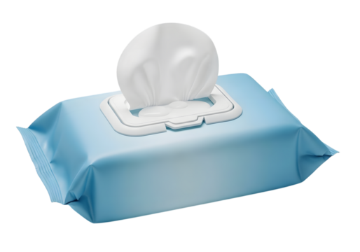 Blue package of disinfecting wipes isolated on transparent background for cleaning