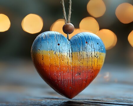 A rustic multi colored wooden heart ornament painted in vibrant stripes is suspended against a softly blurred background of warm glowing bokeh lights