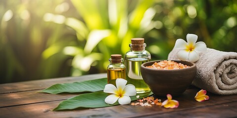 Relaxing spa treatment with essential oils and floral decorations on a wooden table outdoors