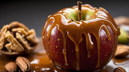 Delicious caramel-coated apple surrounded by nuts on a dark background for a tempting dessert presentation Generative AI