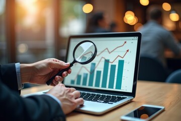 A businessman analyzing a bar graph on a laptop screen with a magnifying glass in a busy coffee shop