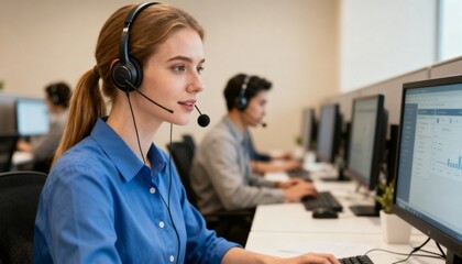 Call center agent wearing headset at her desk, colleagues visible in background.