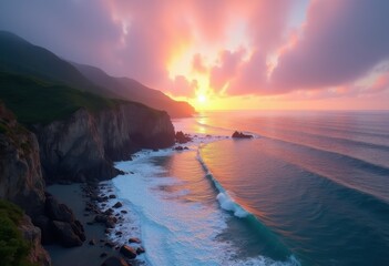 Serene Ocean Waves Lapping Against Majestic Rocky Shoreline Tranquil Coastal Beauty Nature Seascape