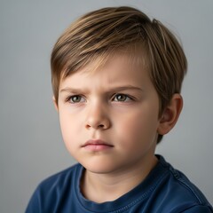 A thoughtful young boy with a serious expression gazes thoughtfully into the distance against a neutral backdrop.