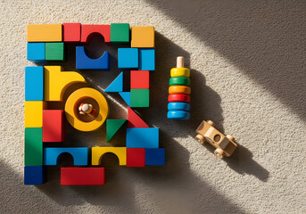 Obraz premium Vibrant Wooden Building Blocks and Educational Toys on Carpet with Sunlight