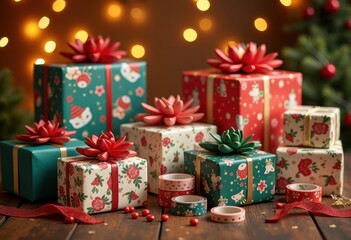 Obraz premium Colorful Intricately Designed Wrapping Paper and Tape Arrangements for Every Occasion Creative Gifts Presentation