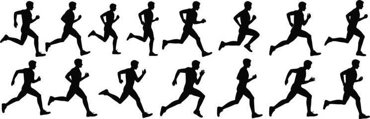 Running silhouette illustrations, human motion cycle, black and white clipart, athletic poses, sports biomechanics, animation frames, vector bundle set