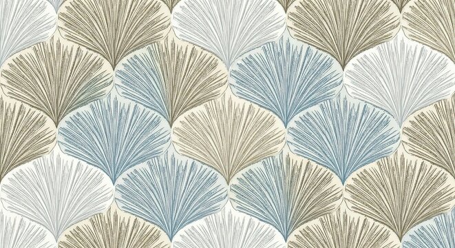 Seamless pattern of stylized leaves in muted earthy tones of beige blue and white